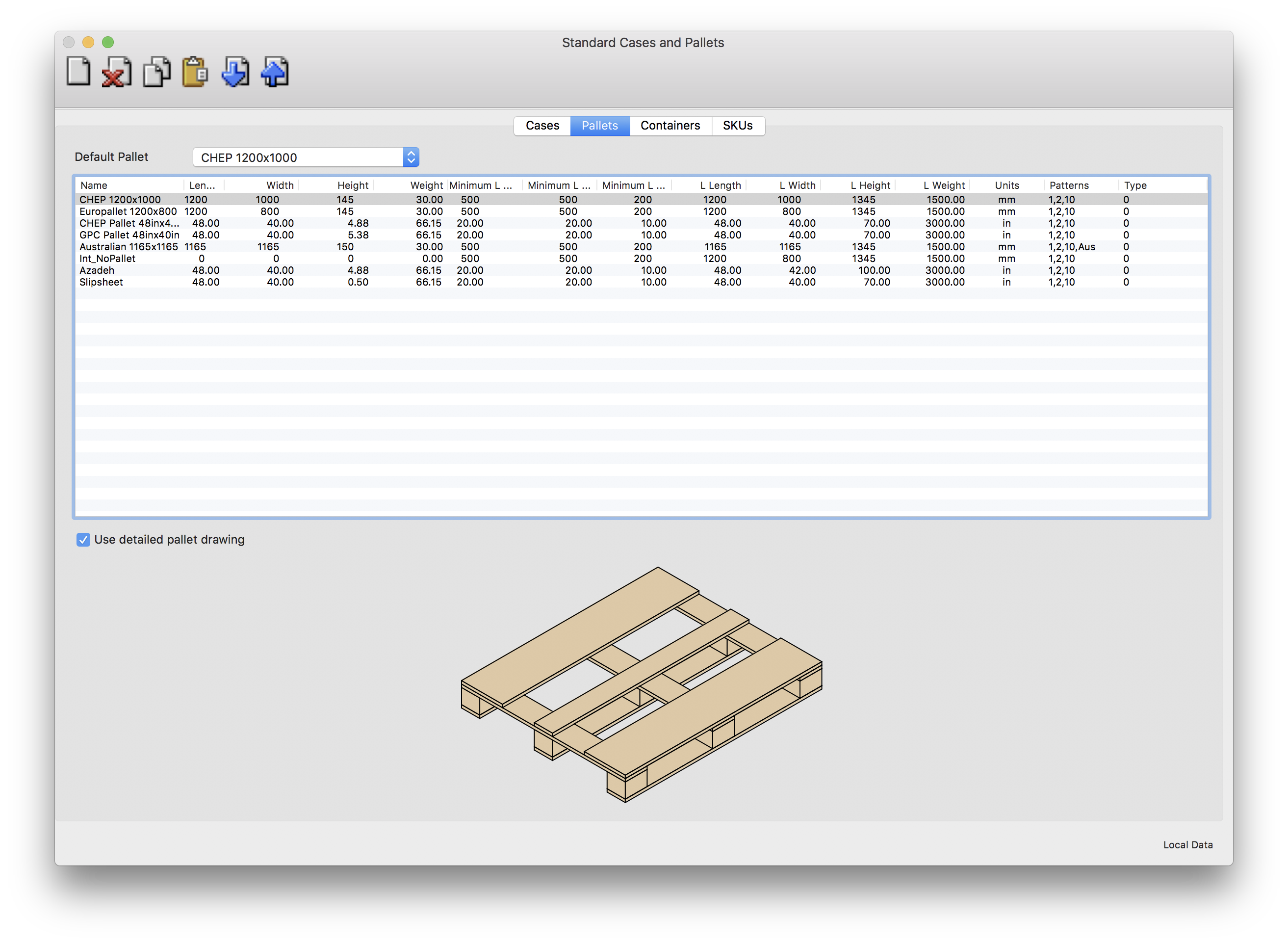 Standard Cases and Pallets Window