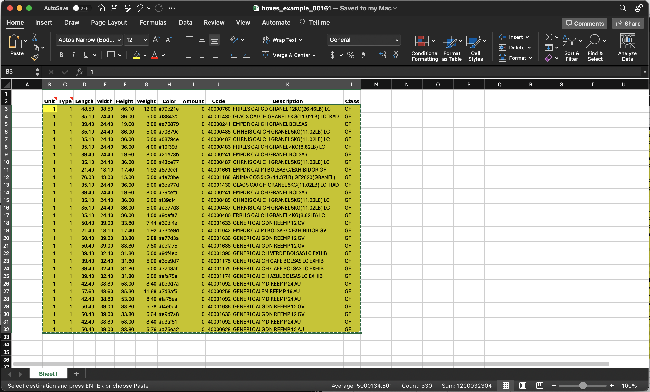 Spreadsheet with data